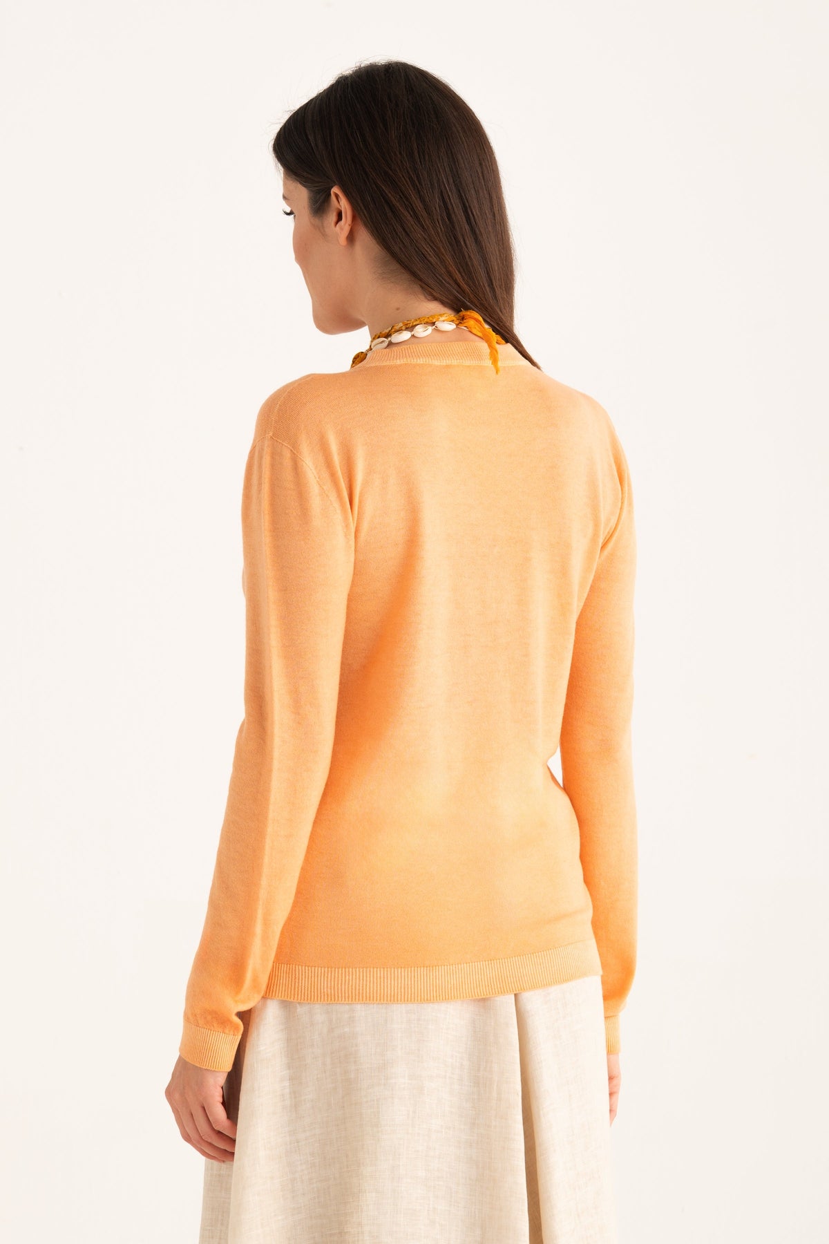 Women's V-Neck Knit Sweater – Tangerine, view 2