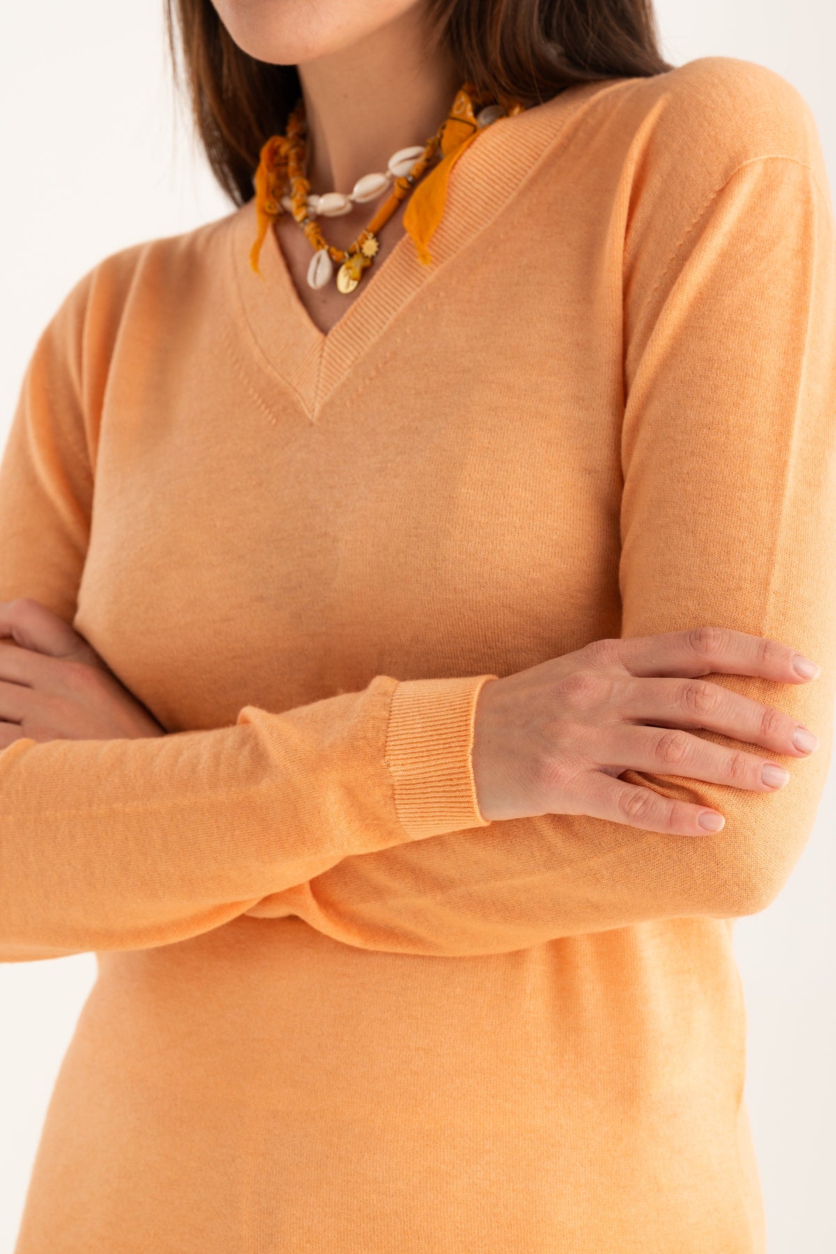 Women's V-Neck Knit Sweater – Tangerine, view 3