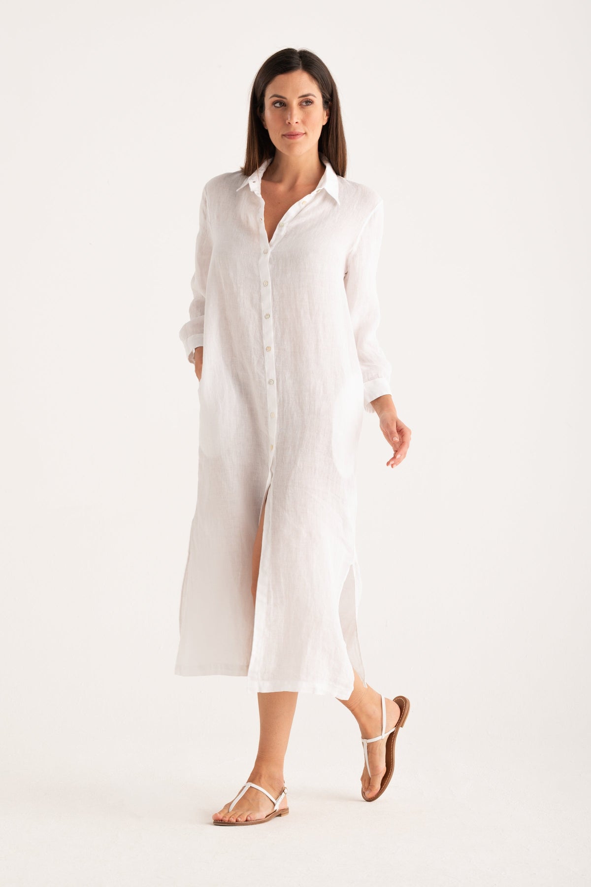 Women's Linen Shirt Dress – White, view 1