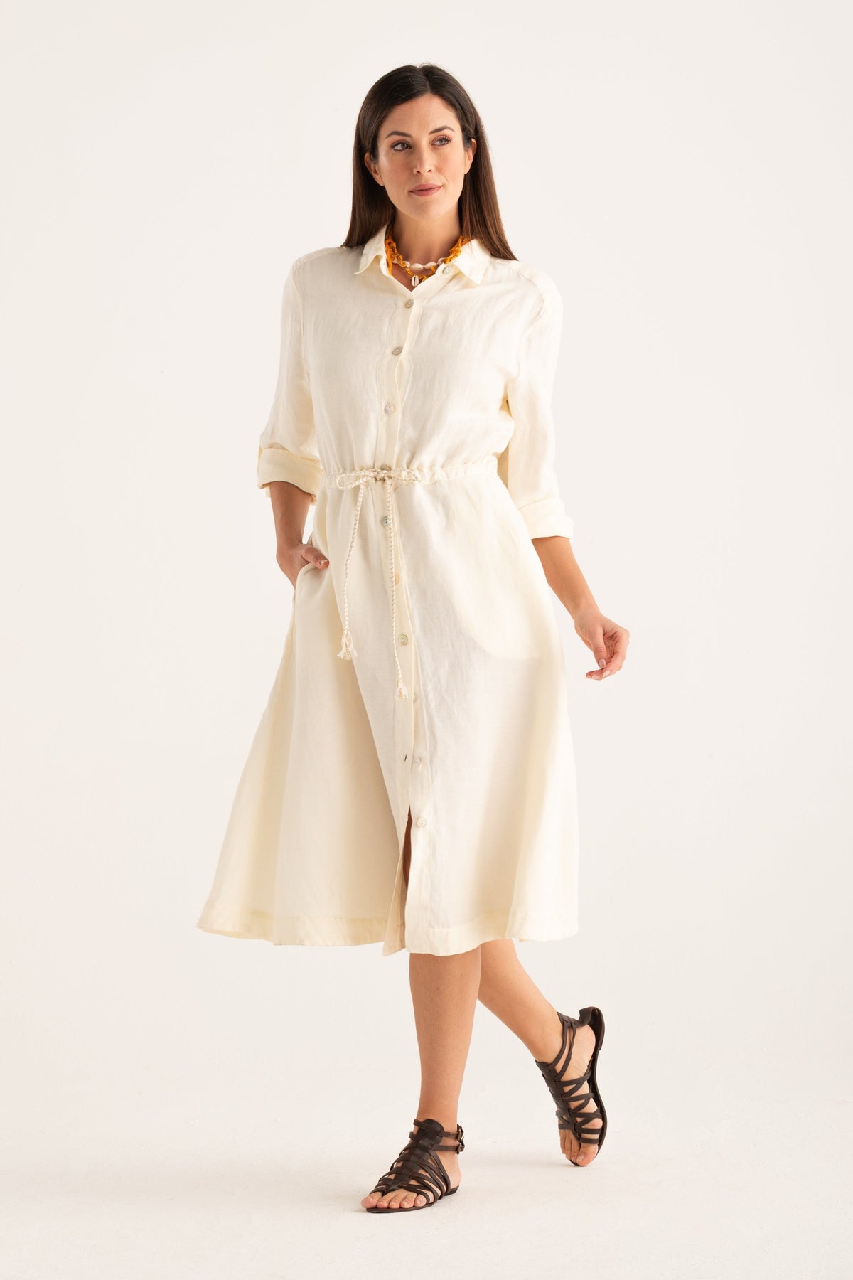 Women's Linen Shirt Dress with Tie Waist – Butter, view 1