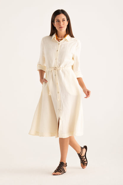 Women's Linen Shirt Dress with Tie Waist – Butter, view 1