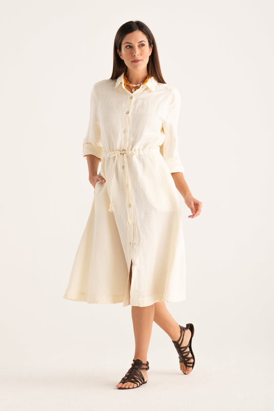 Women's Linen Shirt Dress with Tie Waist – Butter, view 1