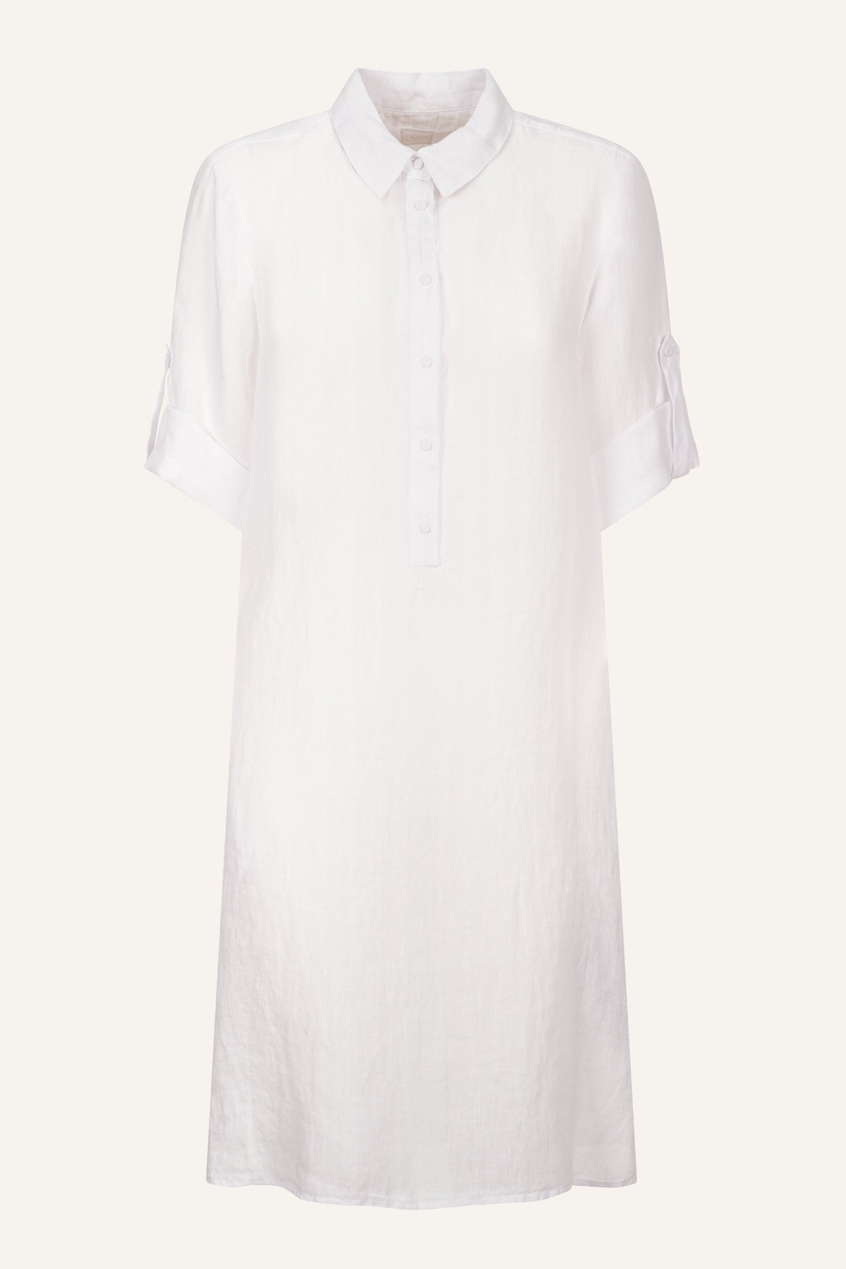 Women's Linen Dress with Roll-Up Sleeves – White, view 7