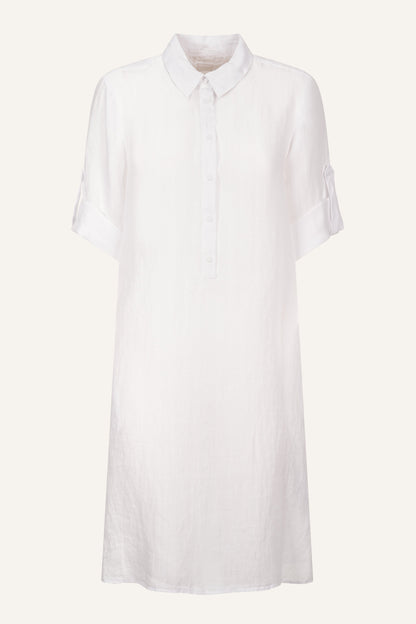 Women's Linen Dress with Roll-Up Sleeves – White, view 7