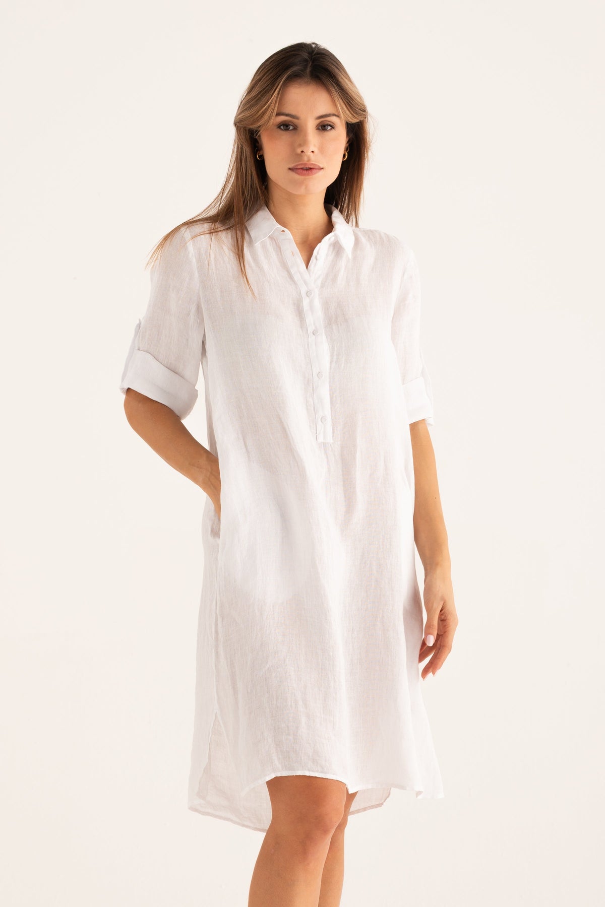 Women's Linen Dress with Roll-Up Sleeves – White, view 1