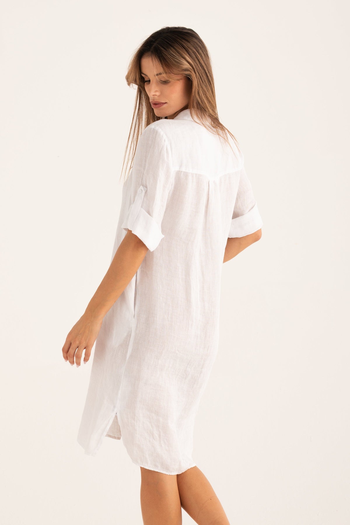 Women's Linen Dress with Roll-Up Sleeves – White, view 2