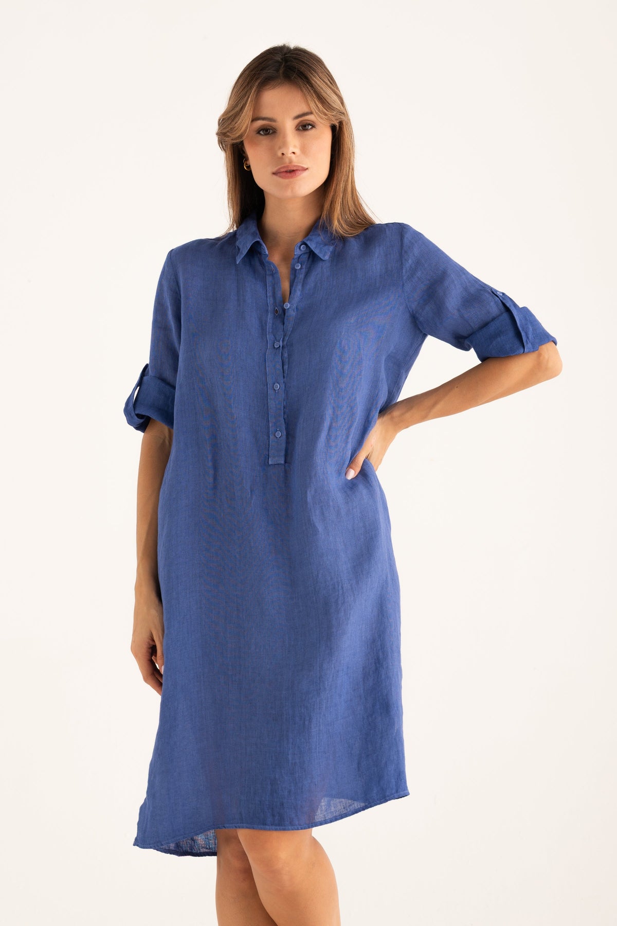 Women's Linen Dress with Roll-Up Sleeves – Ink Soft Fade, view 1