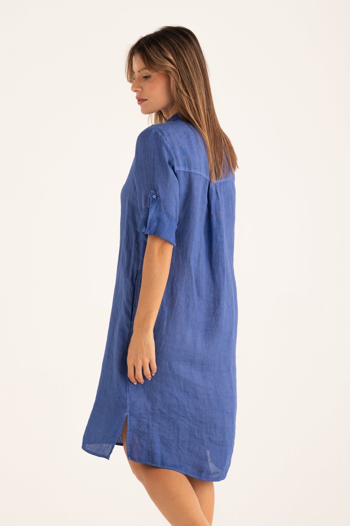 Women's Linen Dress with Roll-Up Sleeves – Ink Soft Fade, view 2