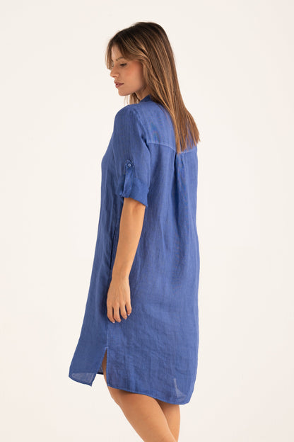 Women's Linen Dress with Roll-Up Sleeves – Ink Soft Fade, view 2