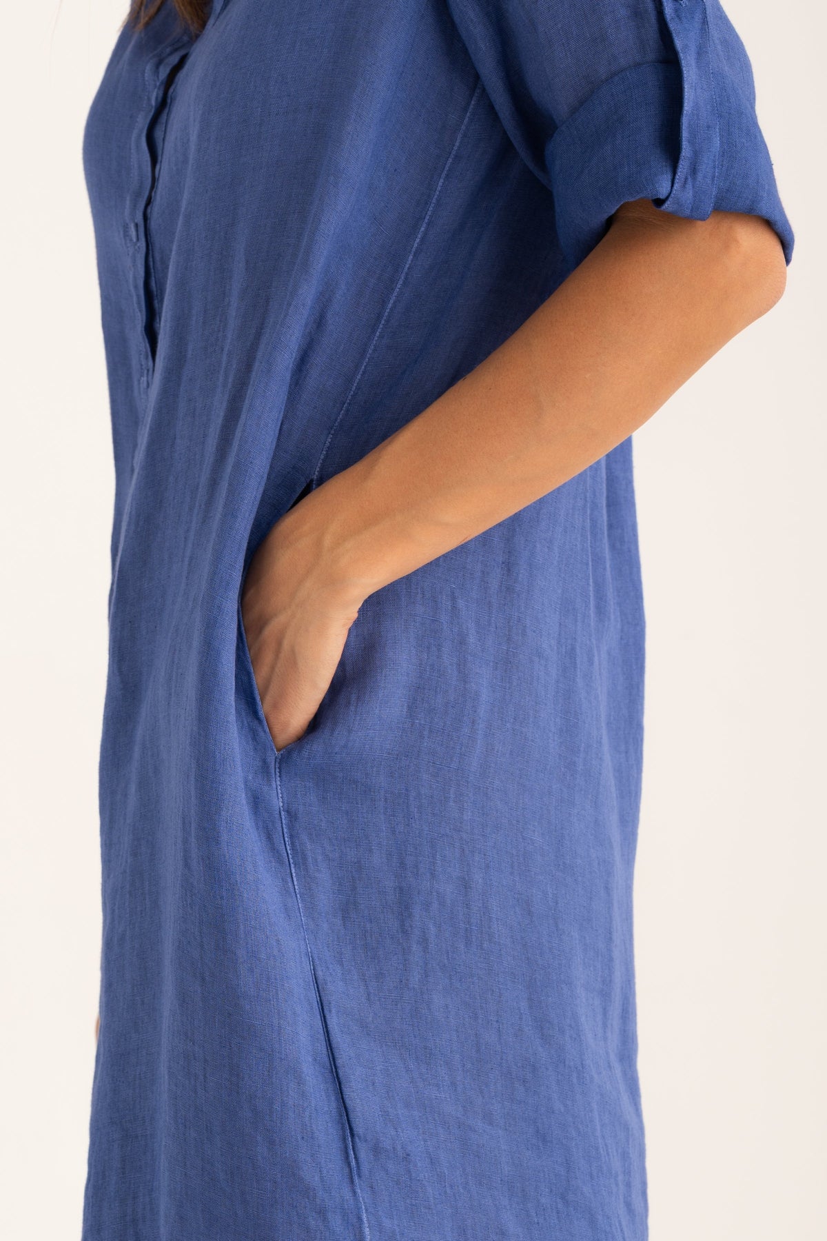 Women's Linen Dress with Roll-Up Sleeves – Ink Soft Fade, view 3