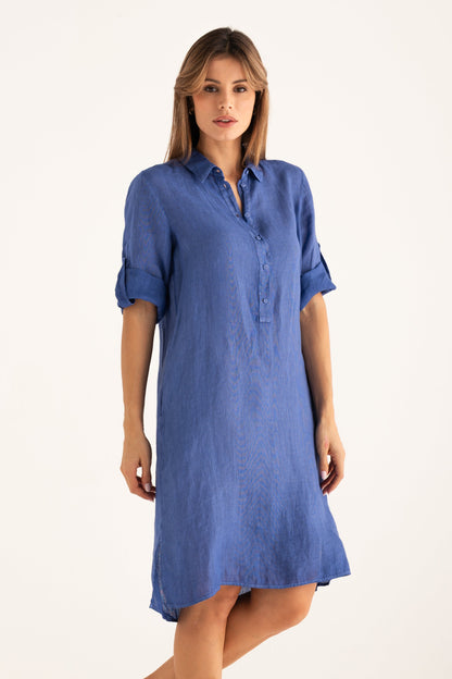 Women's Linen Dress with Roll-Up Sleeves – Ink Soft Fade, view 5