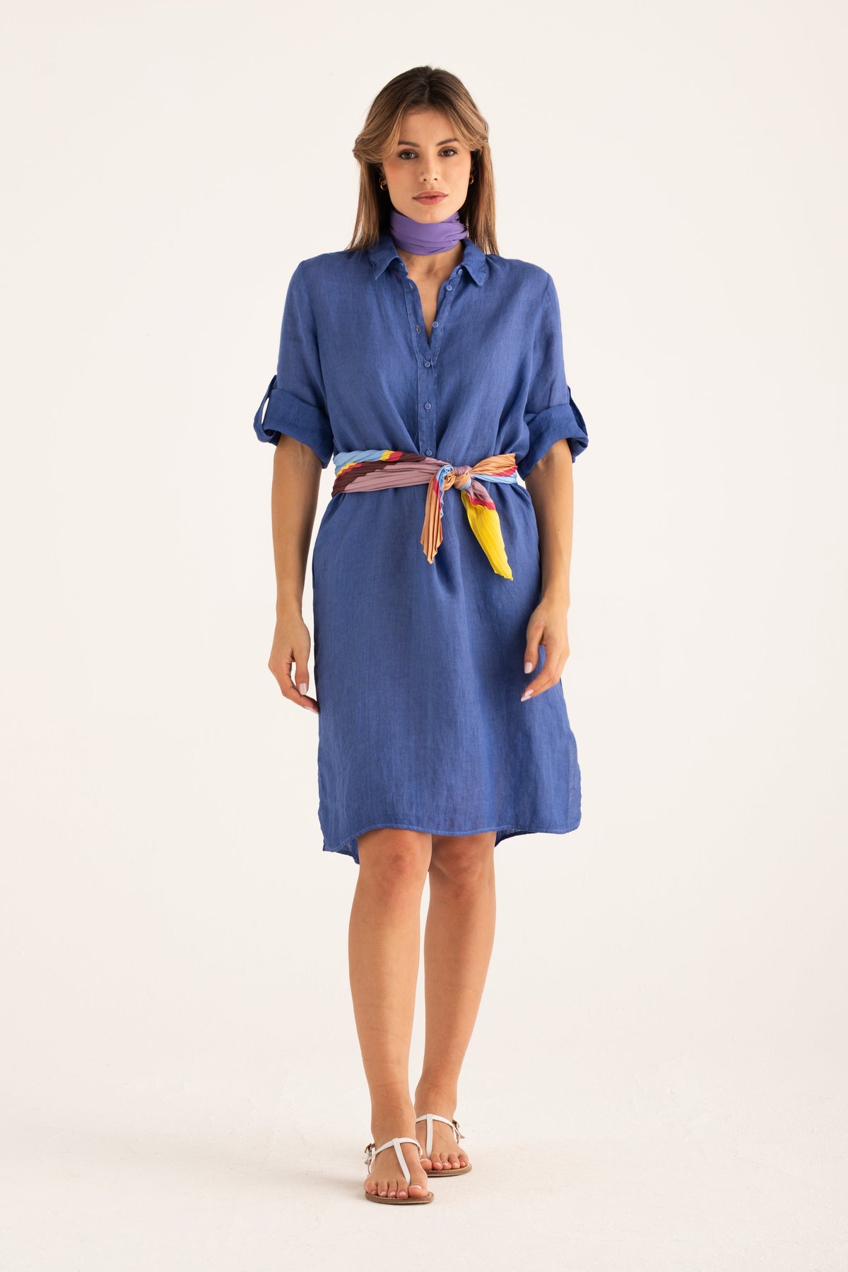 Women's Linen Dress with Roll-Up Sleeves – Ink Soft Fade, view 6