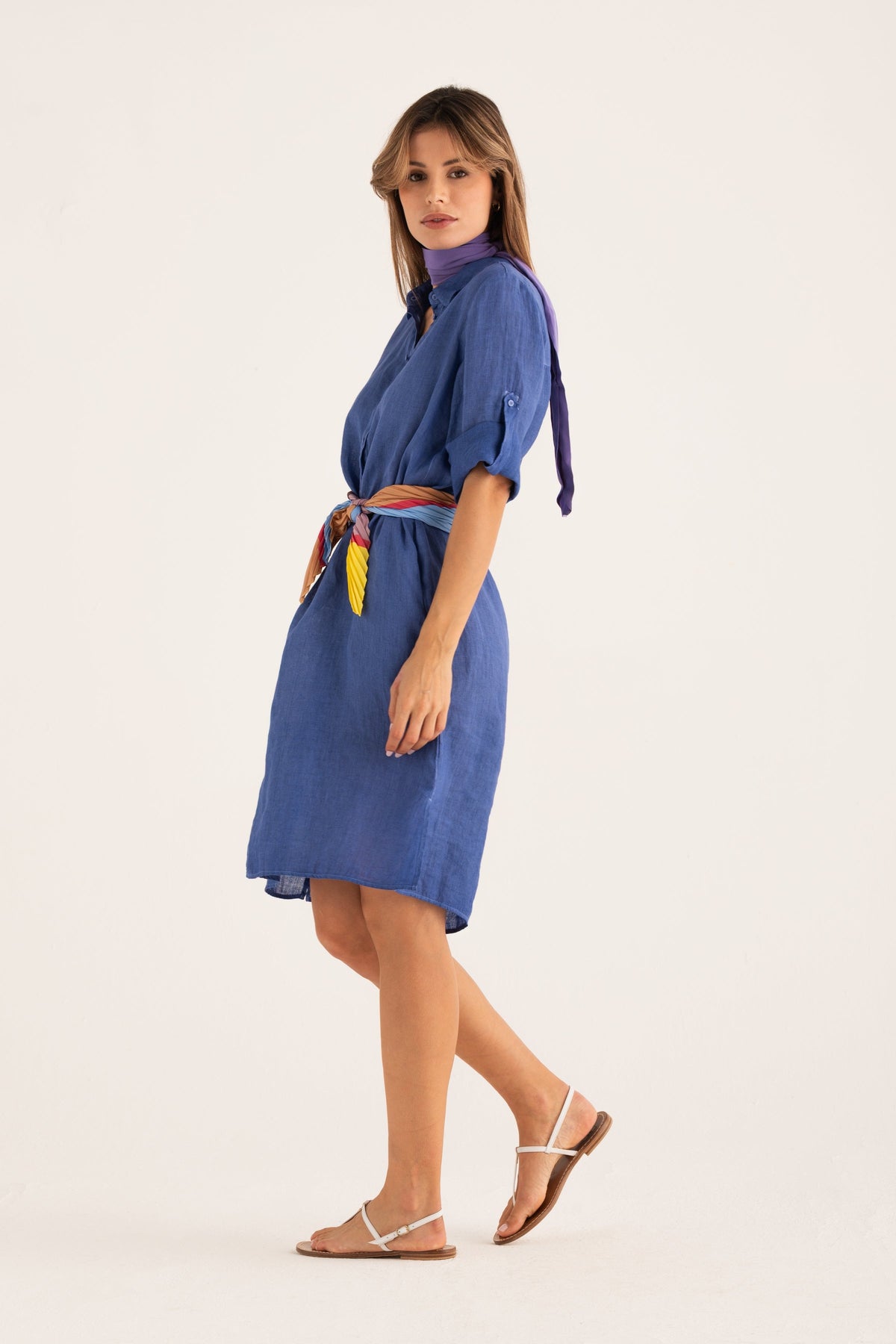 Women's Linen Dress with Roll-Up Sleeves – Ink Soft Fade, view 7
