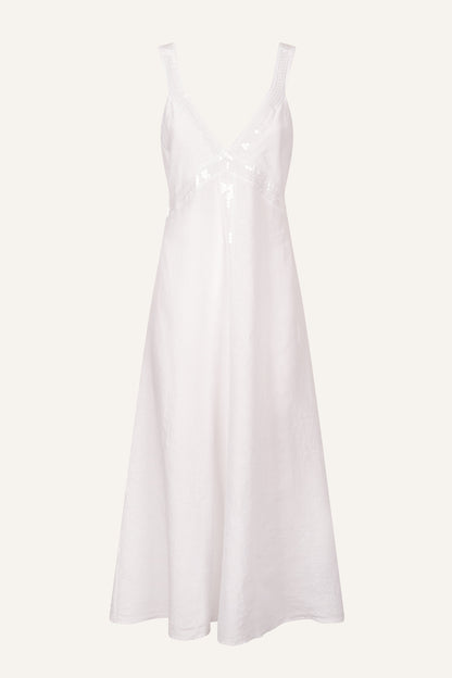 Women's Long Linen Dress with Sequin Details – White, view 6