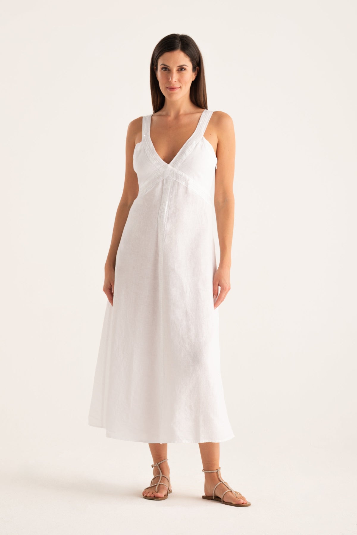 Women's Long Linen Dress with Sequin Details – White, view 5