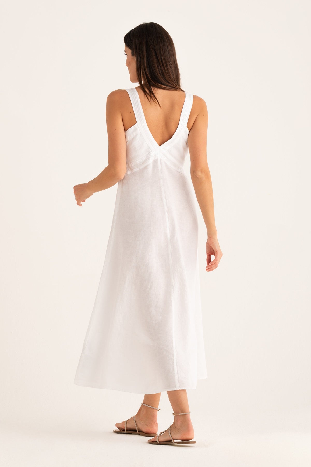 Women's Long Linen Dress with Sequin Details – White, view 2