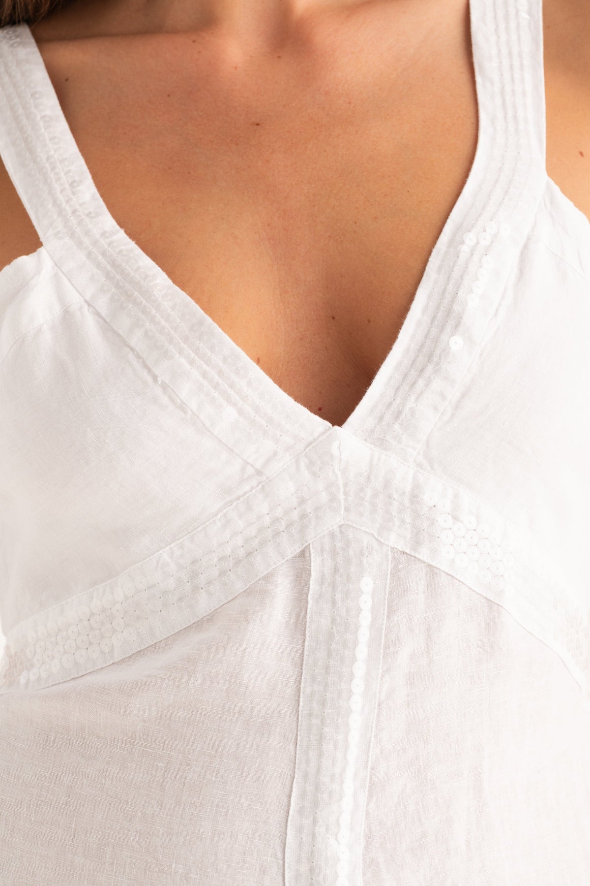 Women's Long Linen Dress with Sequin Details – White, view 3