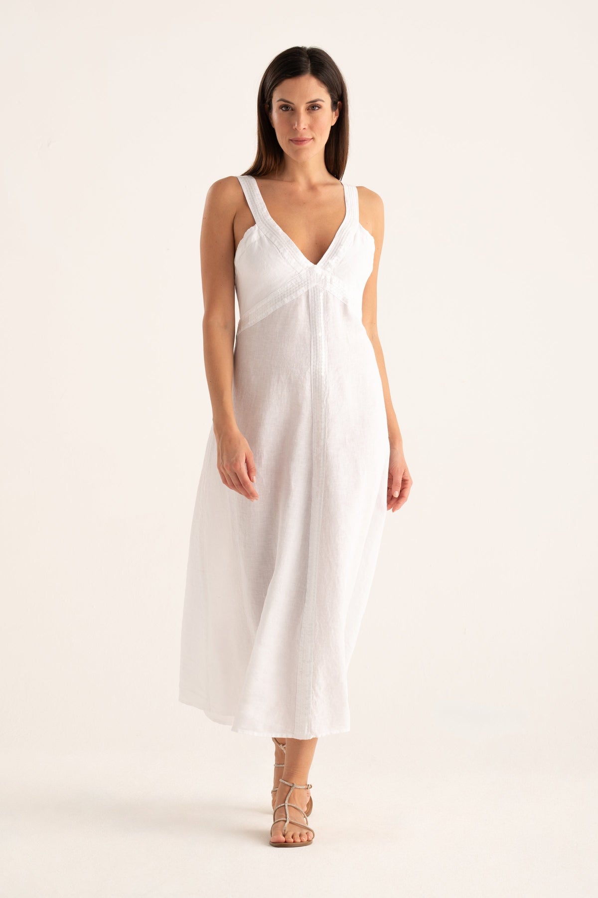 Women's Long Linen Dress with Sequin Details – White, view 1