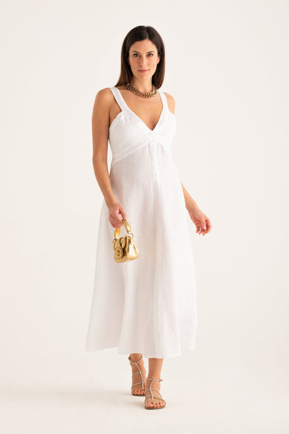 Women's Long Linen Dress with Sequin Details – White, view 4