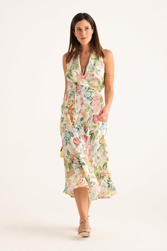 Women's Linen Crossover Halterneck Dress – Print, view 1