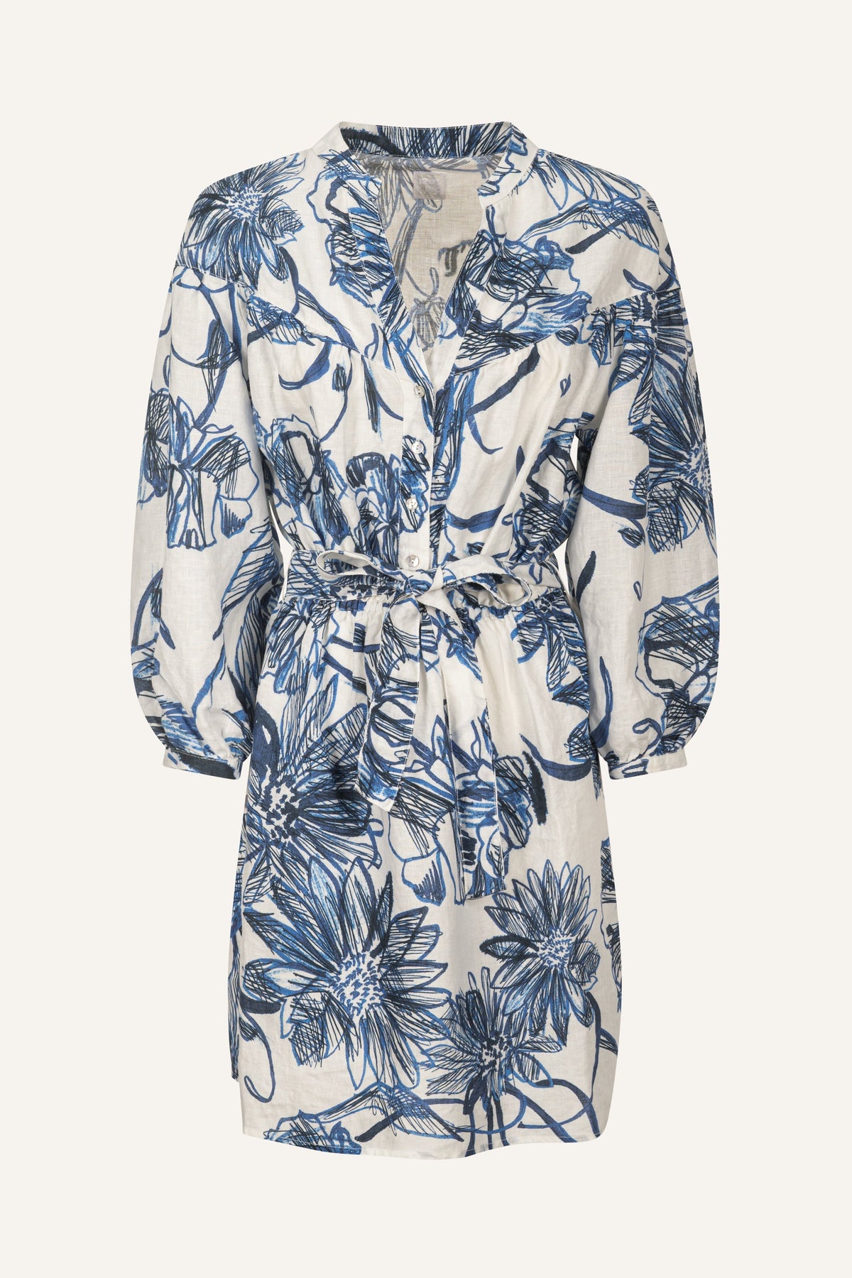 Women's Linen Dress with Belt – Washed Blue Print, view 5
