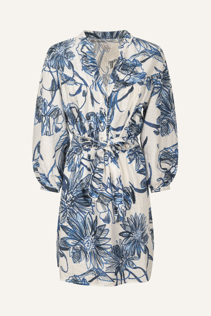 Women's Linen Dress with Belt – Washed Blue Print, view 5