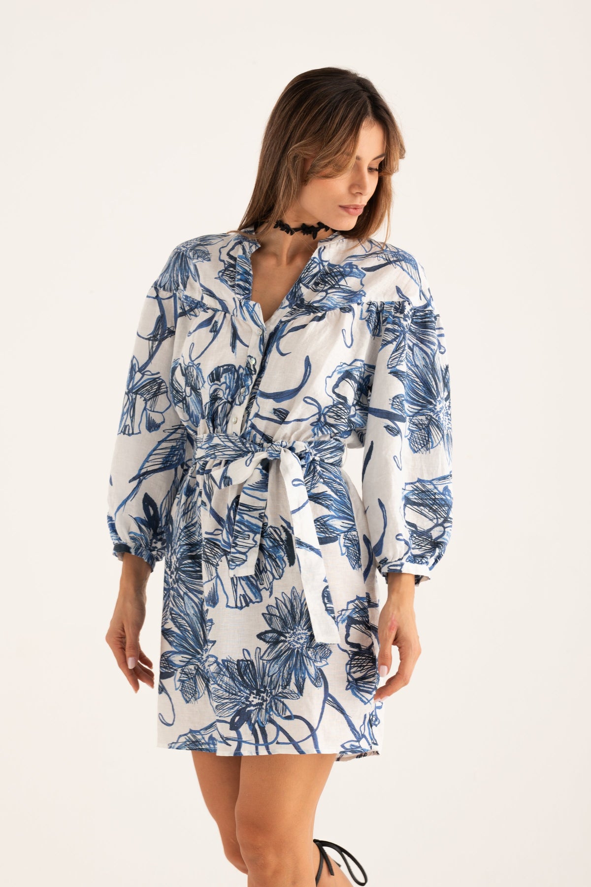 Women's Linen Dress with Belt – Washed Blue Print, view 1