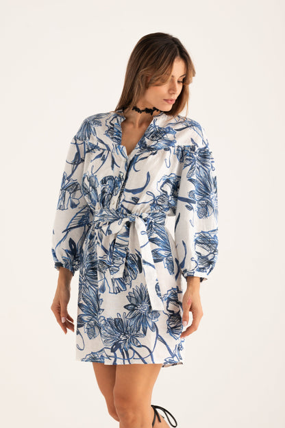 Women's Linen Dress with Belt – Washed Blue Print, view 1