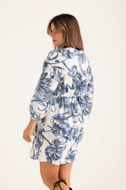 Women's Linen Dress with Belt – Washed Blue Print, view 2