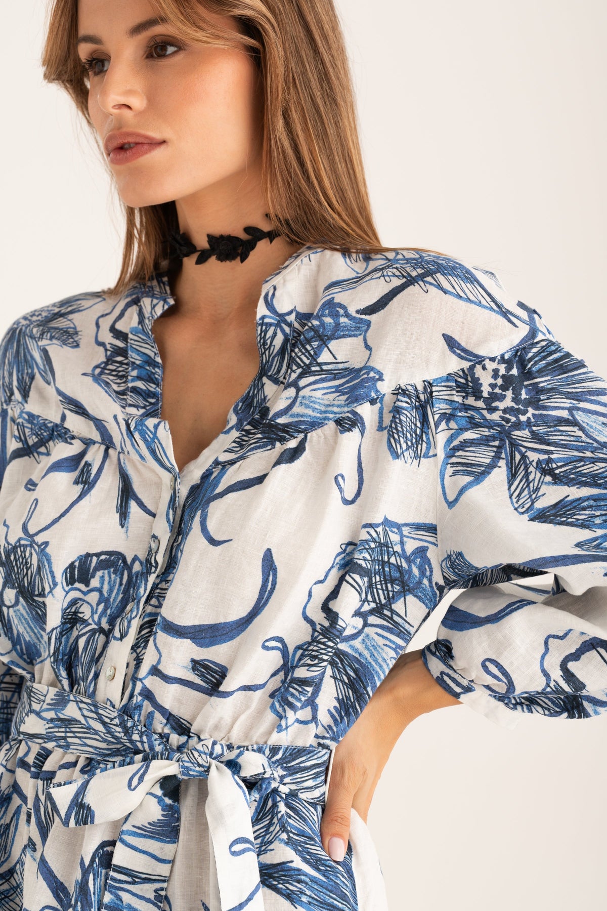 Women's Linen Dress with Belt – Washed Blue Print, view 3