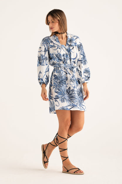 Women's Linen Dress with Belt – Washed Blue Print, view 4