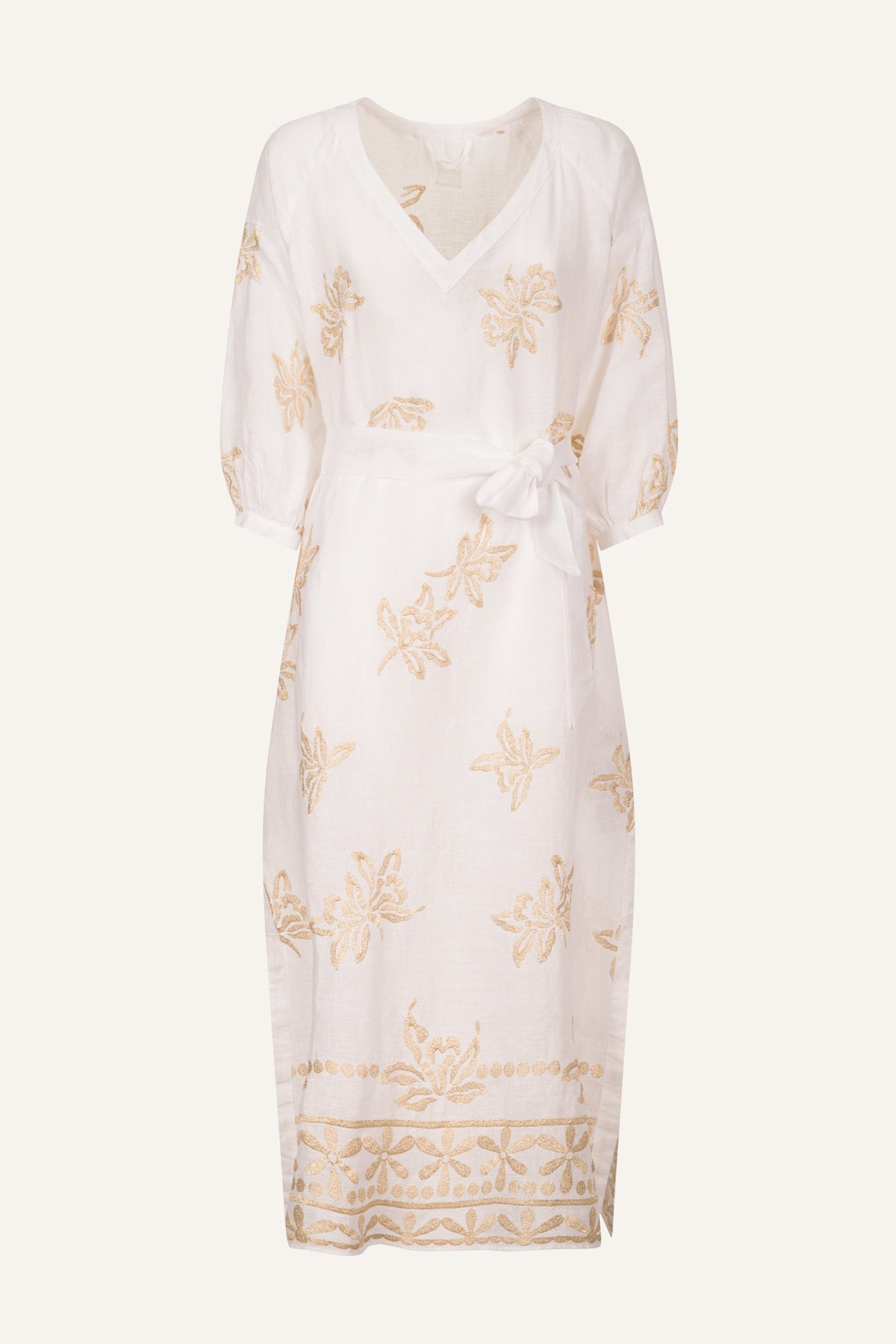 Women's Embroidered Linen Kaftan Dress – White, view 6