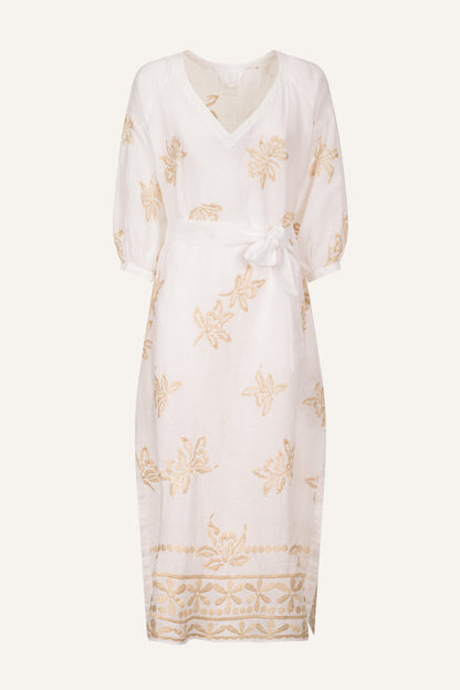 Women's Embroidered Linen Kaftan Dress – White, view 6
