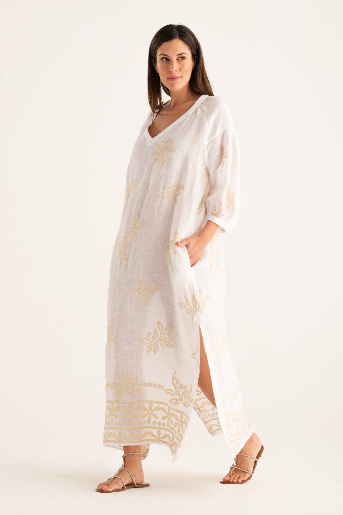 Women's Embroidered Linen Kaftan Dress – White, view 1