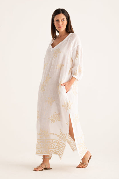 Women's Embroidered Linen Kaftan Dress – White, view 1