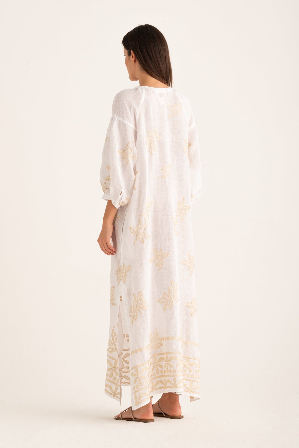 Women's Embroidered Linen Kaftan Dress – White, view 2