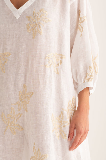 Women's Embroidered Linen Kaftan Dress – White, view 4