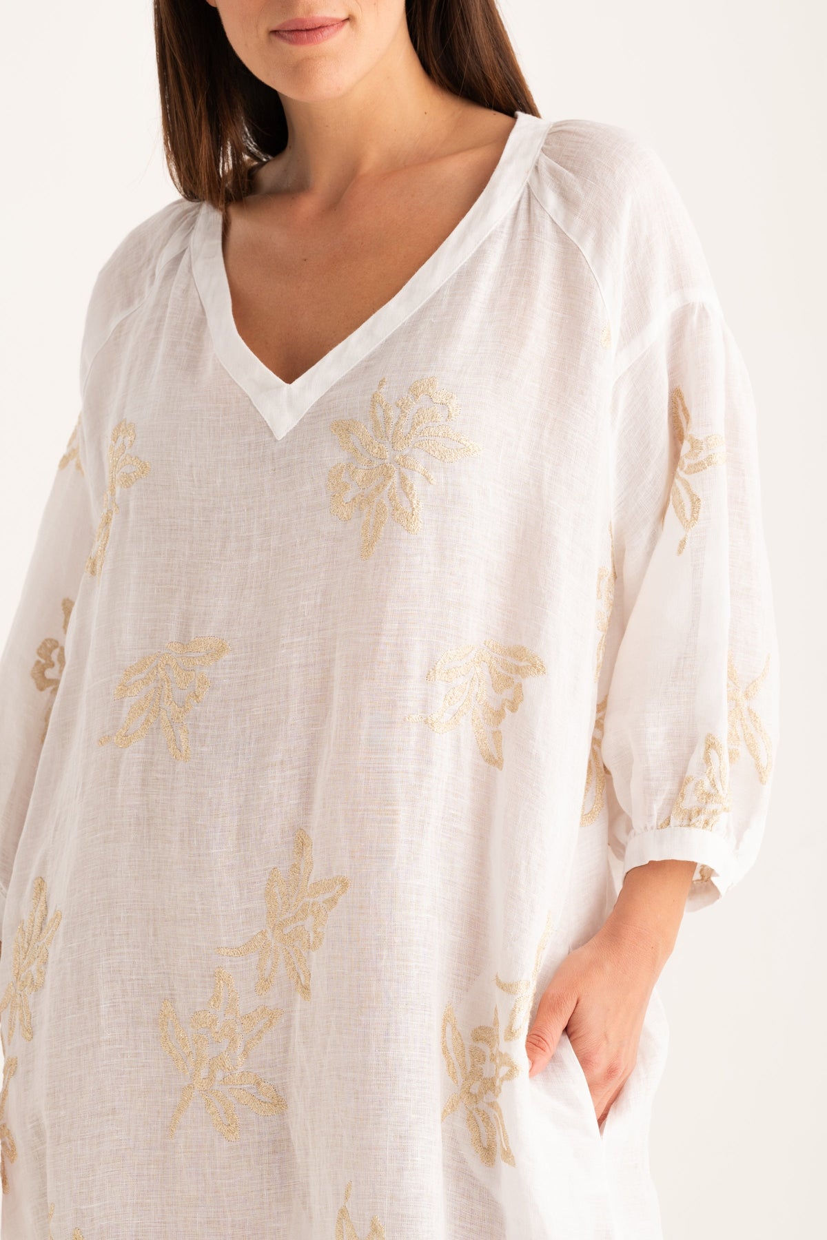 Women's Embroidered Linen Kaftan Dress – White, view 3
