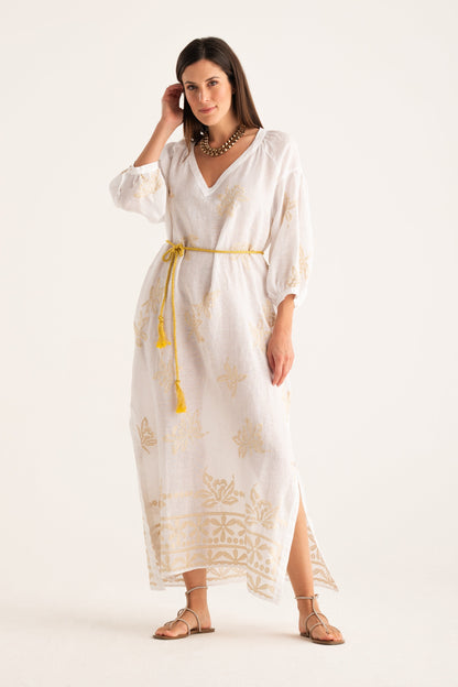 Women's Embroidered Linen Kaftan Dress – White, view 5