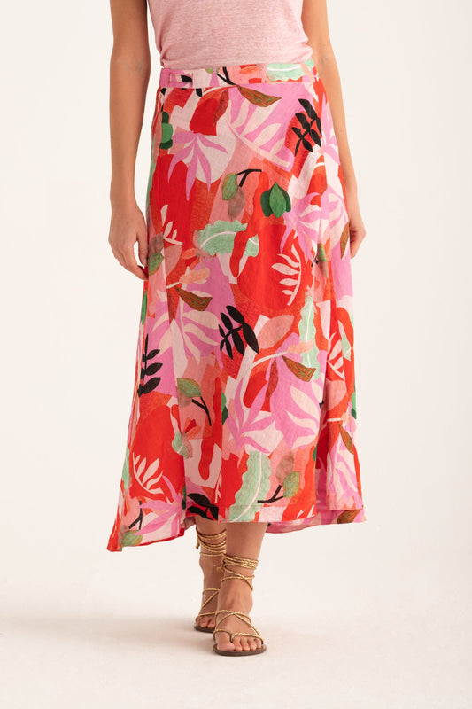 Women's Tropical Flared Maxi Linen Wrap Skirt – Washed-Pink Print, view 1