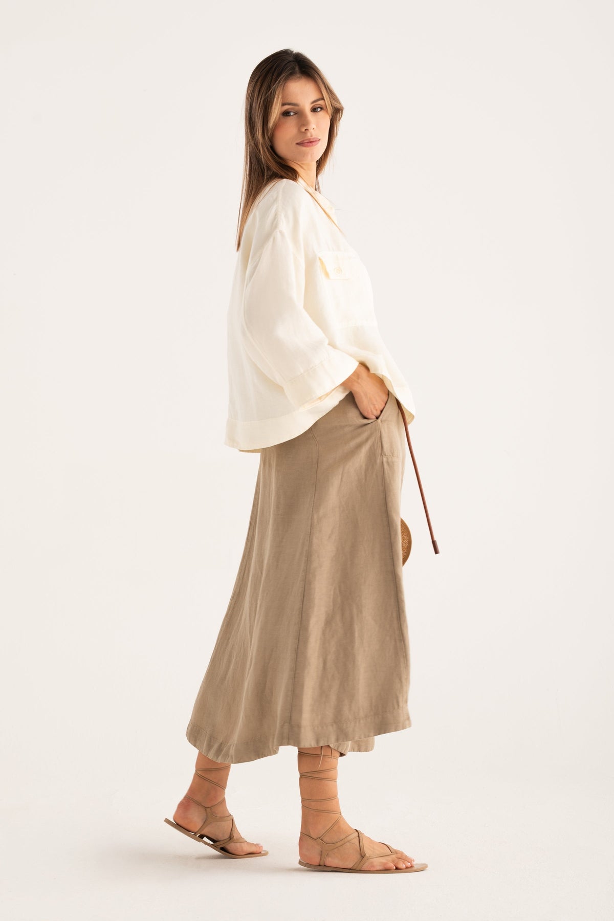 Women's Flared Maxi Linen Skirt with Front Slit – Savana, view 7