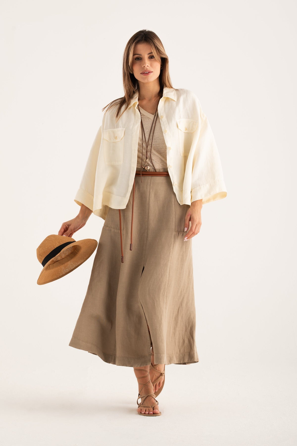 Women's Flared Maxi Linen Skirt with Front Slit – Savana, view 8