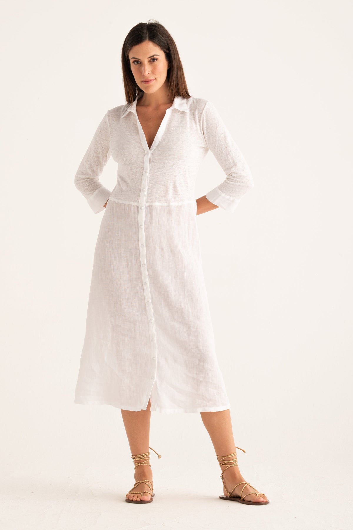 Women's Linen Midi Shirt Dress – White, view 2