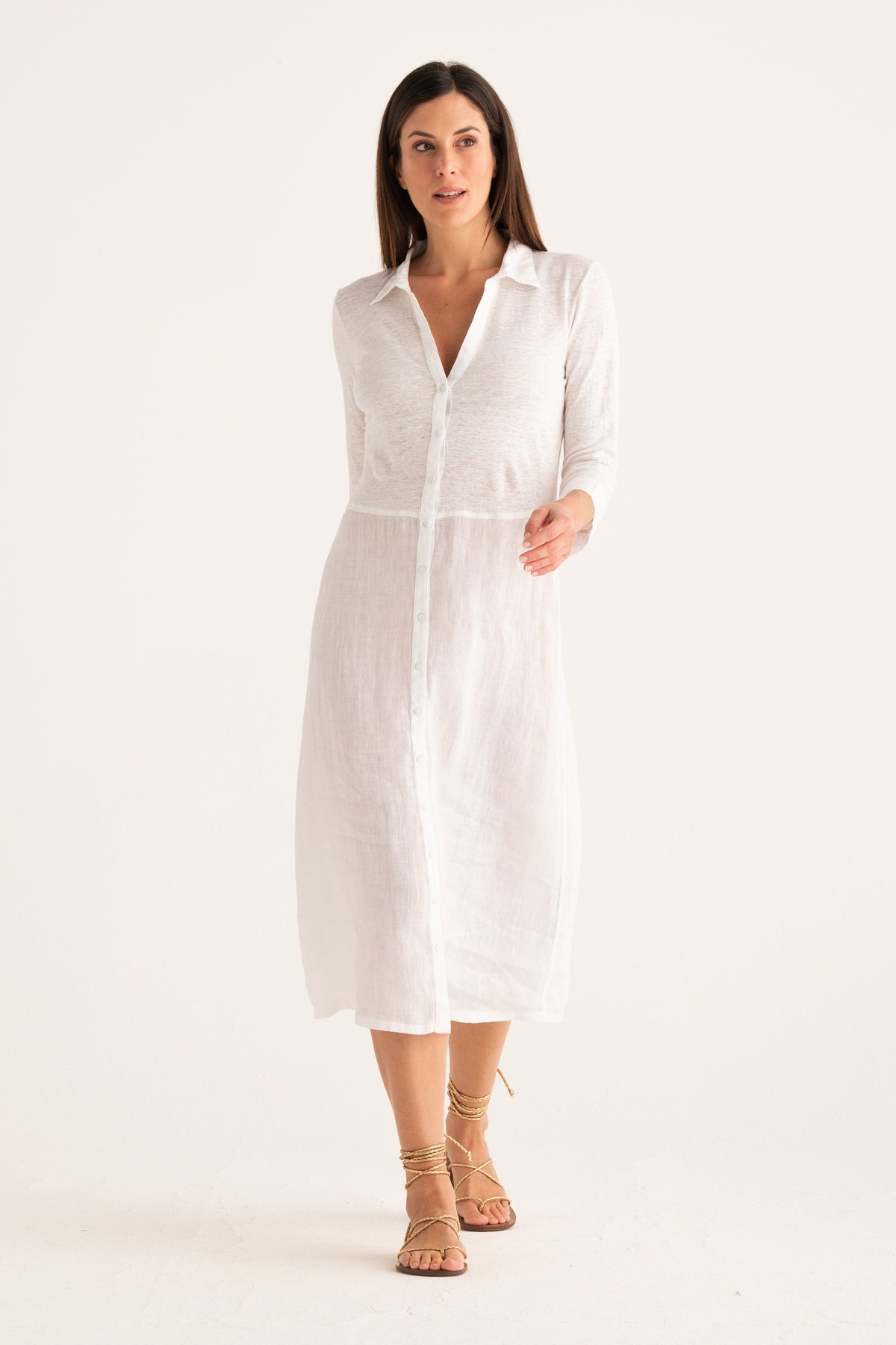 Women's Linen Midi Shirt Dress – White, view 1