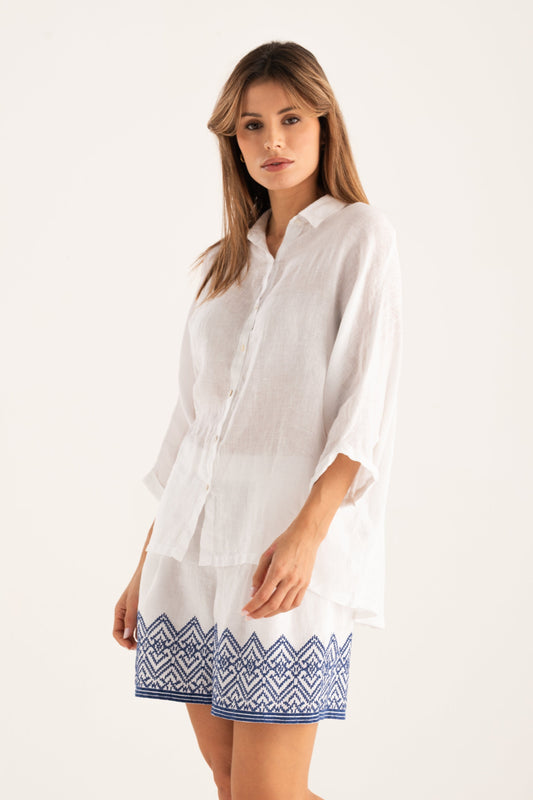 Women's Linen Oversized Shirt with Wide Sleeves – White, view 1