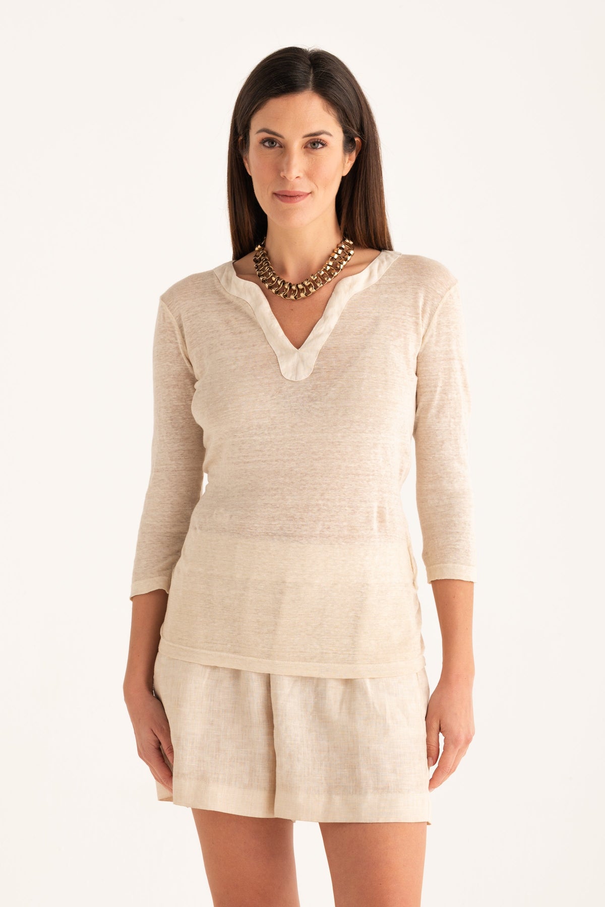Women's Linen V-Neck T-Shirt with Refined Finish – Safari Soft Fade, view 1