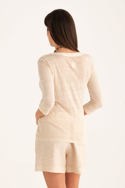 Women's Linen V-Neck T-Shirt with Refined Finish – Safari Soft Fade, view 2