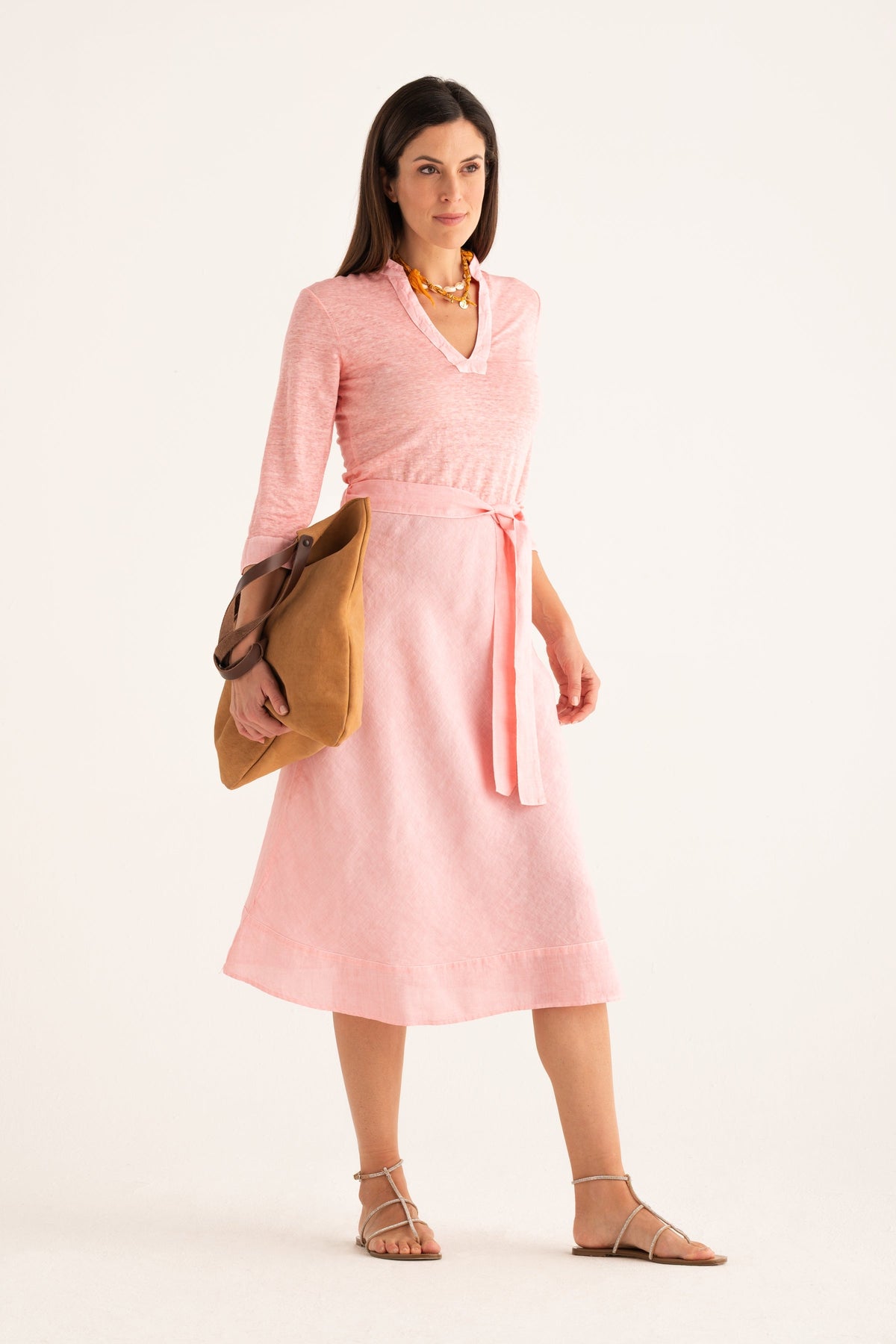 Women's Linen Jersey Midi Dress with Tie Waist – Ballerina, view 4