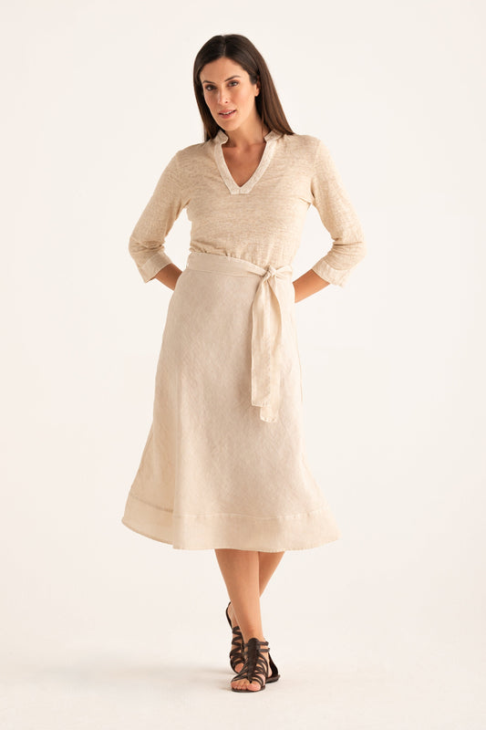 Women's Linen Jersey Midi Dress with Tie Waist – Safari Soft Fade, view 1