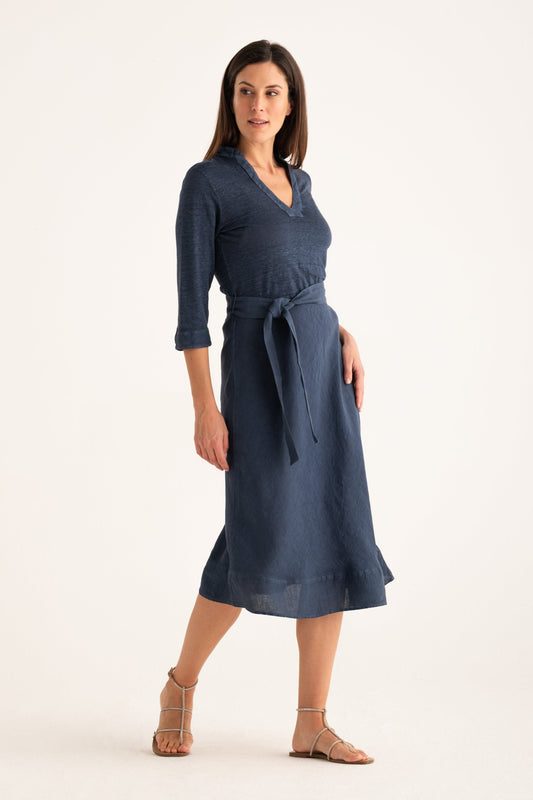 Women's Linen Jersey Midi Dress with Tie Waist – Navy Fade, view 1